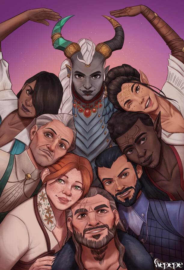 Dragon Age Veilguard companions and Varric (fanart)